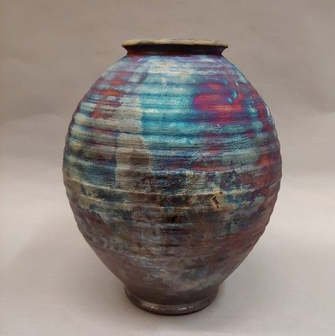 Click to view detail for Vase, Ribbed Raku 9.75 x 8